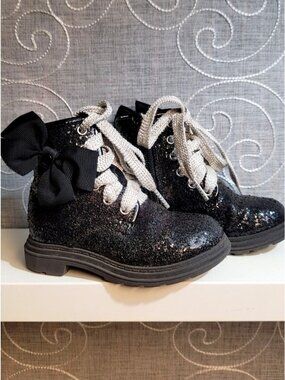 Jojo Siwa Black Glitter Combat Boots Girls 6 Zip Bow Chunky Laces Dance Moms
